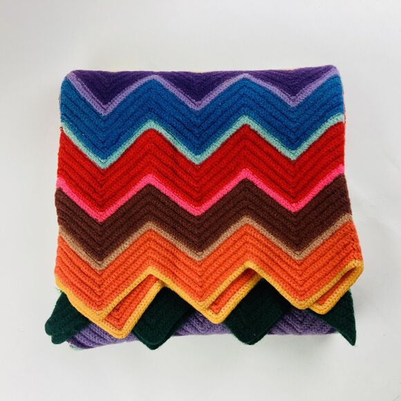 Handmade 70s Crochet Throw Chevron Blanket Cottagecore Zigzag Afghan Wool Felted - Picture 5 of 9